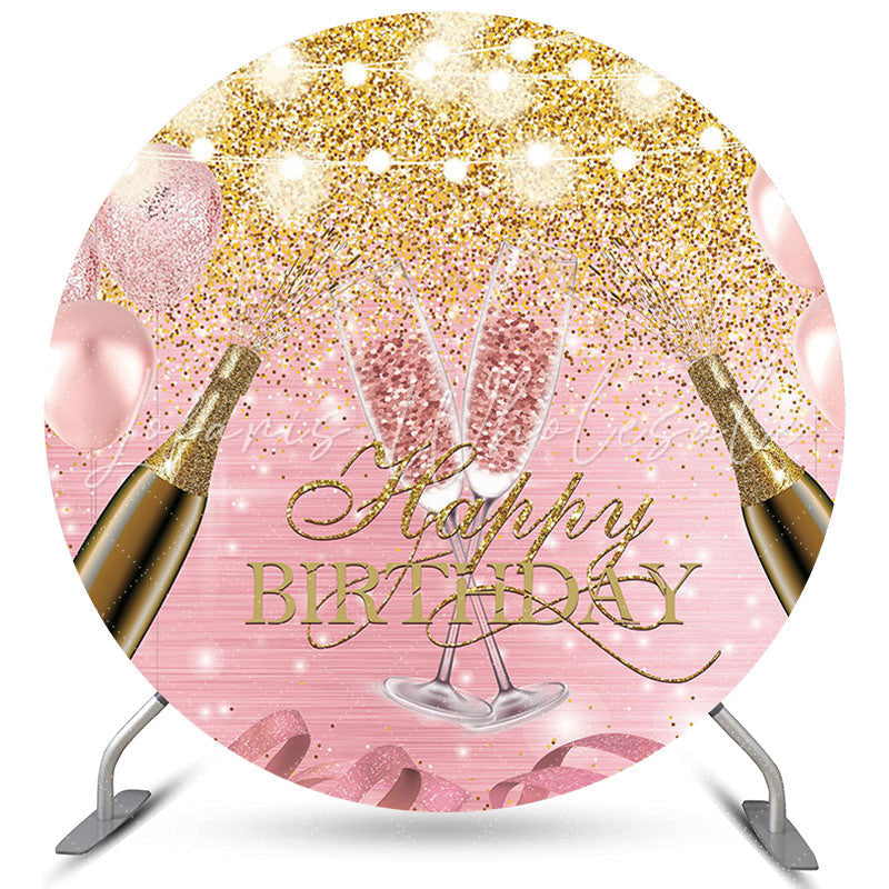 Lofaris Gold Pink GlitterBalloons Happy Birthday Round Backdrop