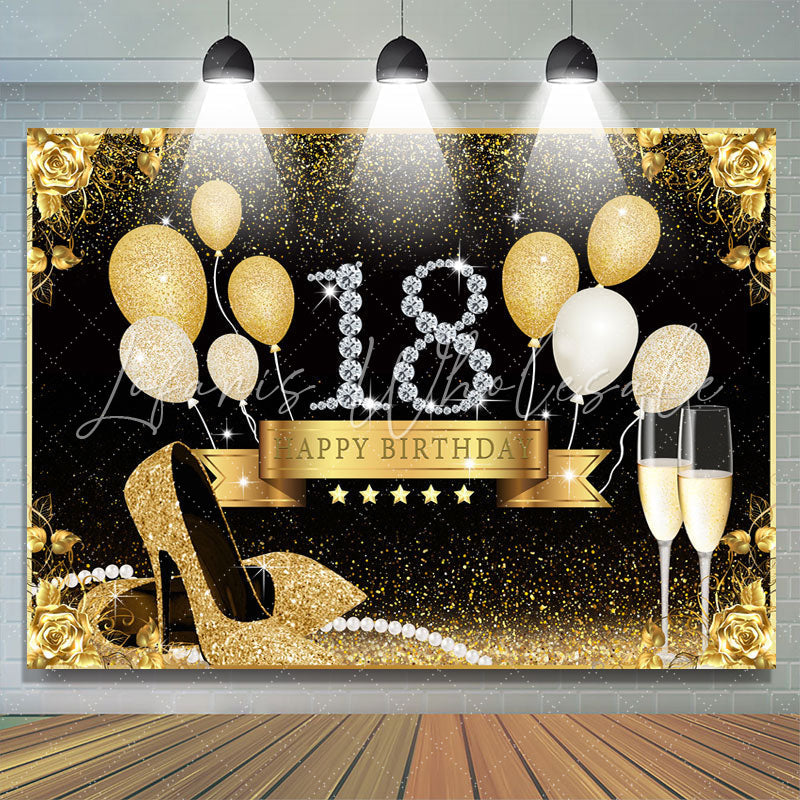 Lofaris Gold Rose And Balloons Glitter 18th Birthday Backdrop