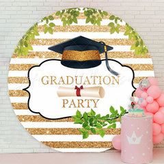 Lofaris Gold White Stripes Leaves Round Grad Party Backdrop