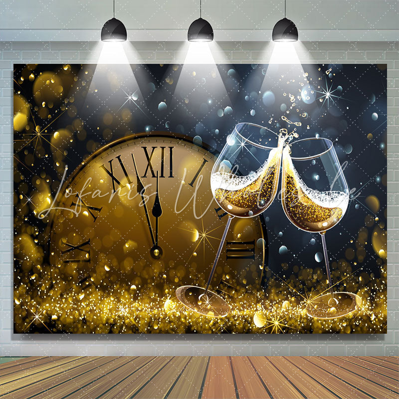 Lofaris Gold Wine Glasses And Clock Bokeh Birthday Backdrop