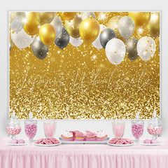 Lofaris Golde And White Balloons Glitter Birthday Backdrop