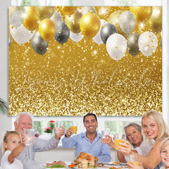 Lofaris Golde And White Balloons Glitter Birthday Backdrop