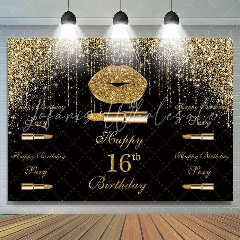 Lofaris Golden Glitter Bokeh and Black Happy 16Th Backdrop