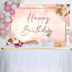 Lofaris Golden Rectangle Lines Leaves Pink Birthday Backdrop