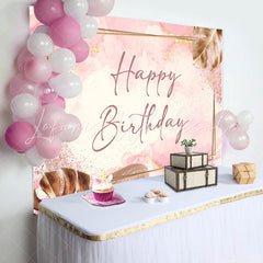 Lofaris Golden Rectangle Lines Leaves Pink Birthday Backdrop