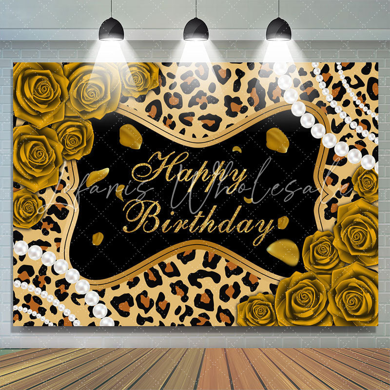 Lofaris Golden Rose Glitter Leopard Happy Birthday Backdrop