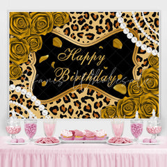 Lofaris Golden Rose Glitter Leopard Happy Birthday Backdrop