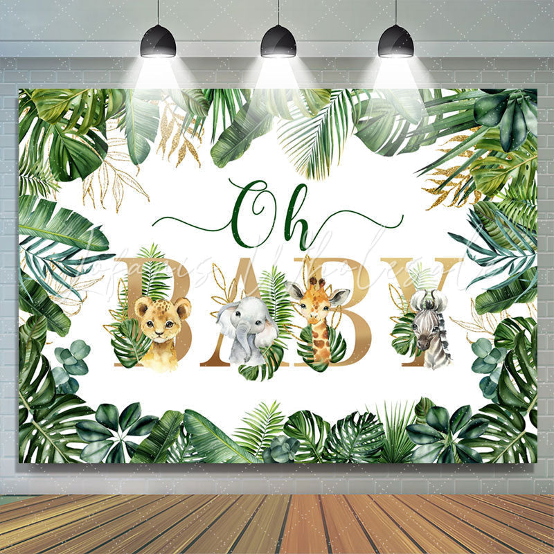 Lofaris Green And Gold Glitter Leaves Animal Baby Shower Backdrop