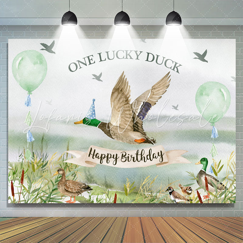 Lofaris Green Balloon One Lucky Duck Happy Birthday Backdrop