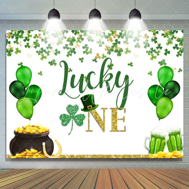 Lofaris Green Balloons And Clover Lucky One Birthday Backdrop