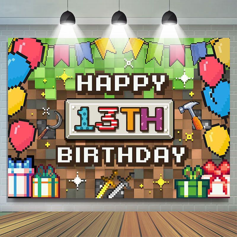 Lofaris Green Brown Pixel Games Gifts 13th Birthday Backdrop