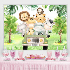 Lofaris Green Car And Forest Animals Happy Birthday Backdrop