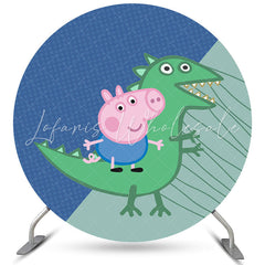 Lofaris Green Dinosaur And Little Pig Round Blue Birthday Backdrop