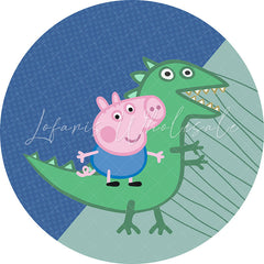 Lofaris Green Dinosaur And Little Pig Round Blue Birthday Backdrop