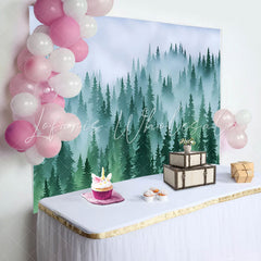 Lofaris Green Forest Fog Pine Tree Birthday Party Backdrop