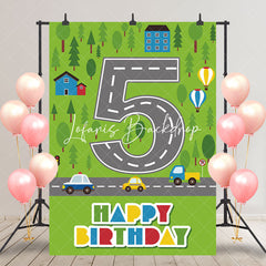 Lofaris Green Forest Road 5th Birthday Backdrop For Boys