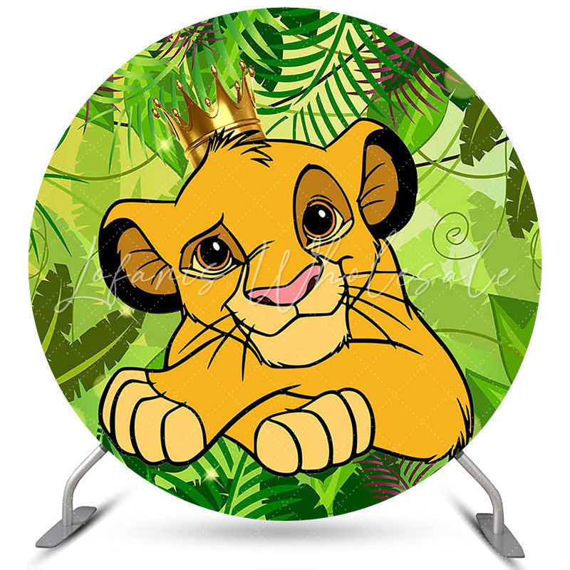 Lofaris Green Forest Round Cartoon Lion Happy Birthday Backdrop