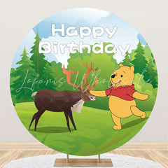 Lofaris Green Glassland Cartoon Bear Round Birthday Backdrop