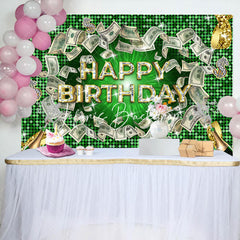 Lofaris Green Gold Diamond Dollar Cash Happy Birthday Backdrop