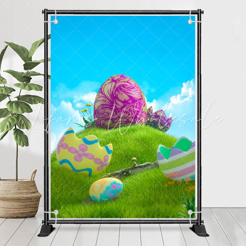 Lofaris Green Grass Colored Eggs Blue Sky Birthday Backdrop