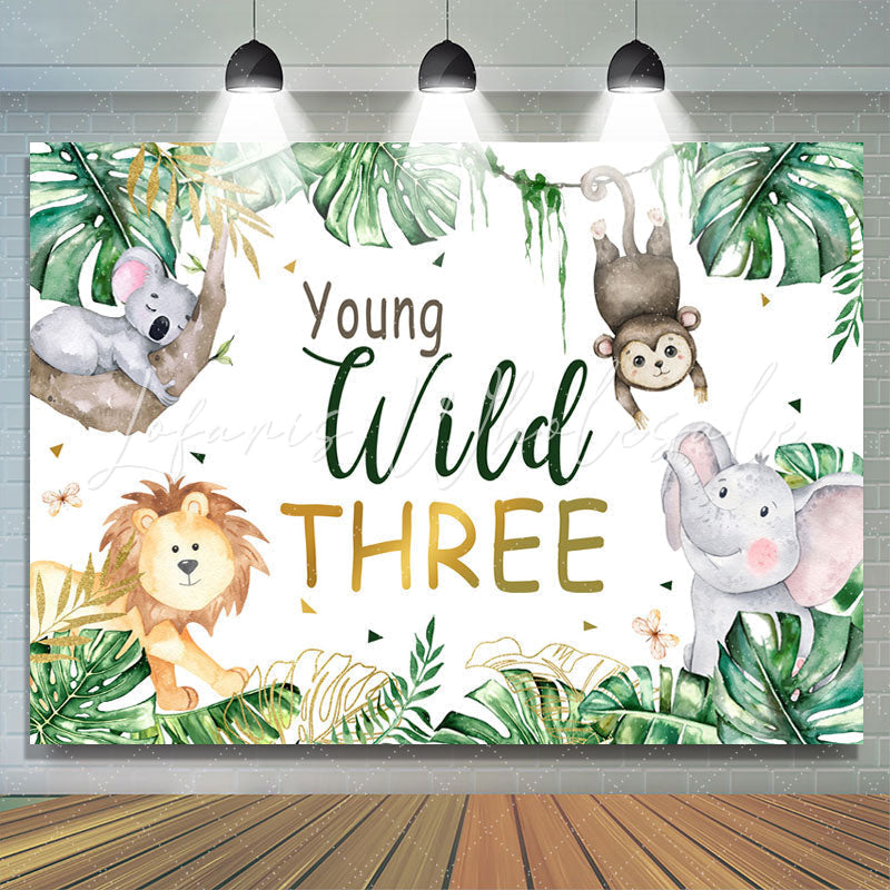 Lofaris Green Leaf And Animals Young Wild Three Birthday Backdrop