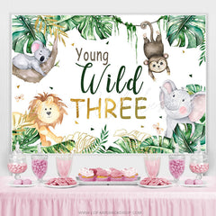 Lofaris Green Leaf And Animals Young Wild Three Birthday Backdrop