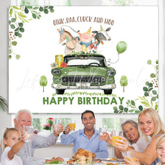 Lofaris Green Leaves And Car With Animal Happy Birthday Backdrop