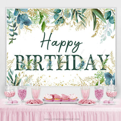 Lofaris Green Leaves And Gold Glitter Happy Birthday Backdrop