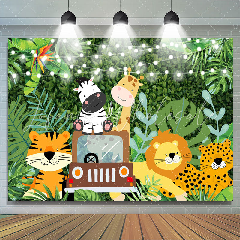 Lofaris Green Leaves And Little Animals Birthday Backdrops