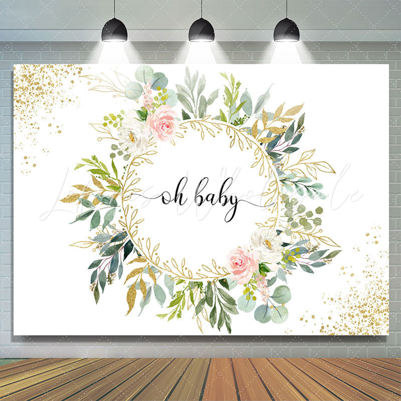 Lofaris Green Leaves And Oh Baby Gold Glitter Shower Backdrop