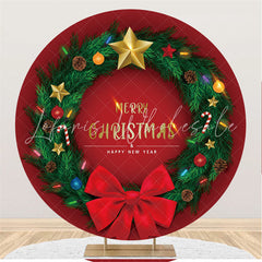 Lofaris Green Leaves Round Navy Red Merry Christmas Backdrop