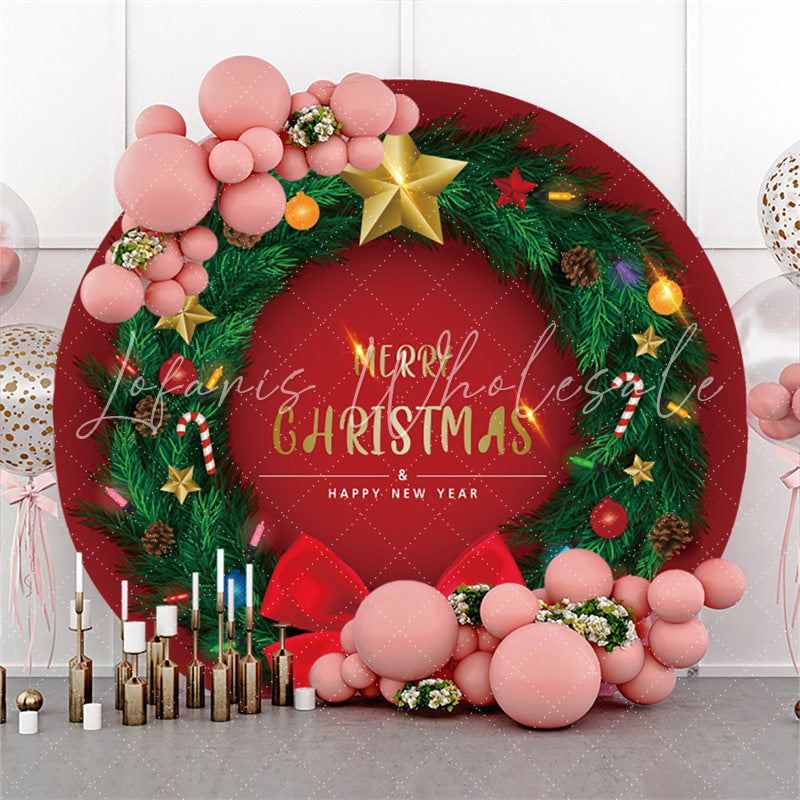 Lofaris Green Leaves Round Navy Red Merry Christmas Backdrop