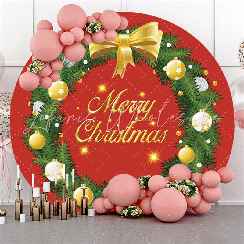 Lofaris Green Leaves Round Red Gold Glitter Christmas Backdrop