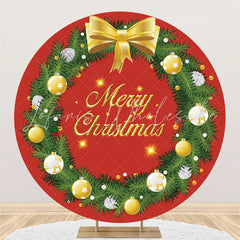 Lofaris Green Leaves Round Red Gold Glitter Christmas Backdrop