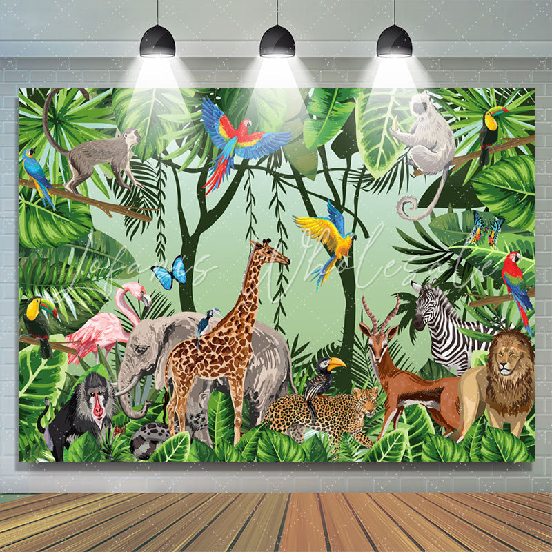 Lofaris Green Leaves Safari Animals Birthday Party Backdrop