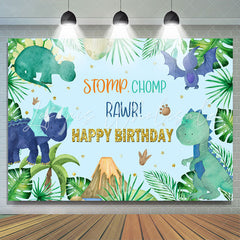 Lofaris Green Leaves Stomp Chomp Rawr Blue Happy Birthday Backdrop