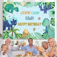 Lofaris Green Leaves Stomp Chomp Rawr Blue Happy Birthday Backdrop