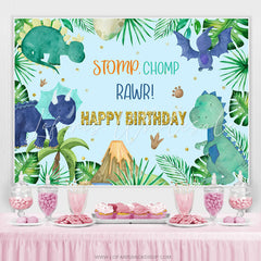 Lofaris Green Leaves Stomp Chomp Rawr Blue Happy Birthday Backdrop