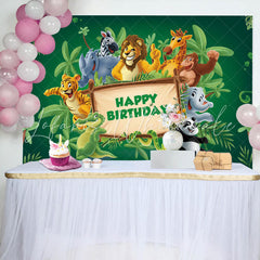 Lofaris Green Leaves Wood Sign Animals Birthday Backdrop