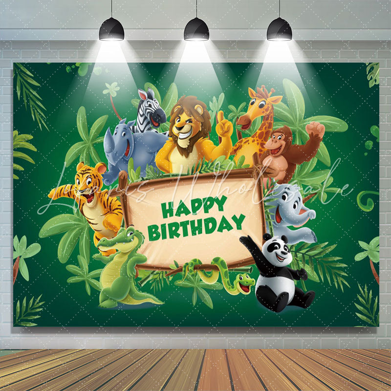 Lofaris Green Leaves Wood Sign Animals Birthday Backdrop