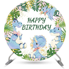 Lofaris Green Monstera Blue Dinosaur Round Birthday Backdrop