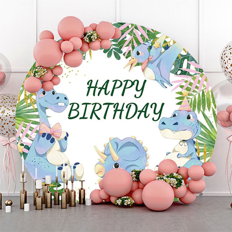 Lofaris Green Monstera Blue Dinosaur Round Birthday Backdrop