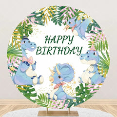 Lofaris Green Monstera Blue Dinosaur Round Birthday Backdrop