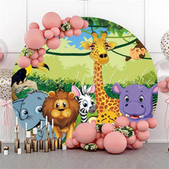 Lofaris Green Plants And Cute Animals Circle Birthday Backdrop