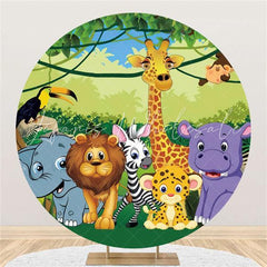 Lofaris Green Plants And Cute Animals Circle Birthday Backdrop