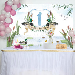 Lofaris Green Pond Reed Duck Spring 1st Birthday Backdrop