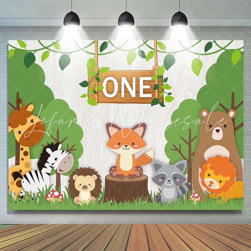 Lofaris Green Trees And Animal One Birthday Backdrop For Boy