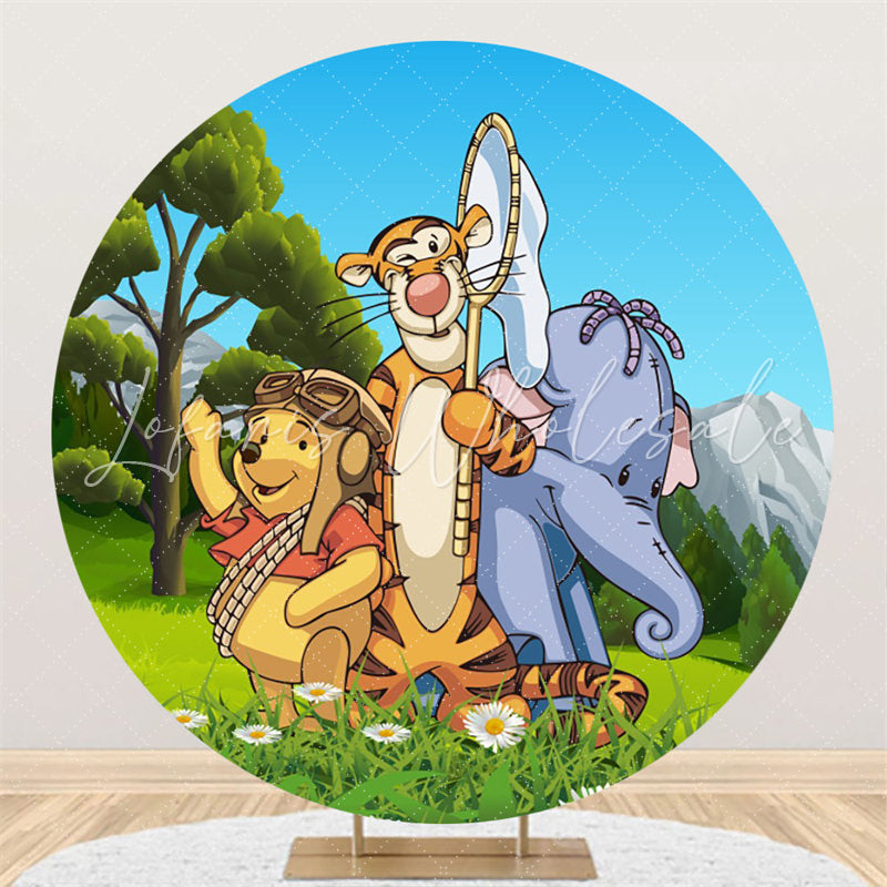 Lofaris Green Trees Cartoon Animals Round Birthday Backdrop