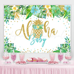 Lofaris Green Tropical Plant Golden Aloha Baby Shower Backdrop