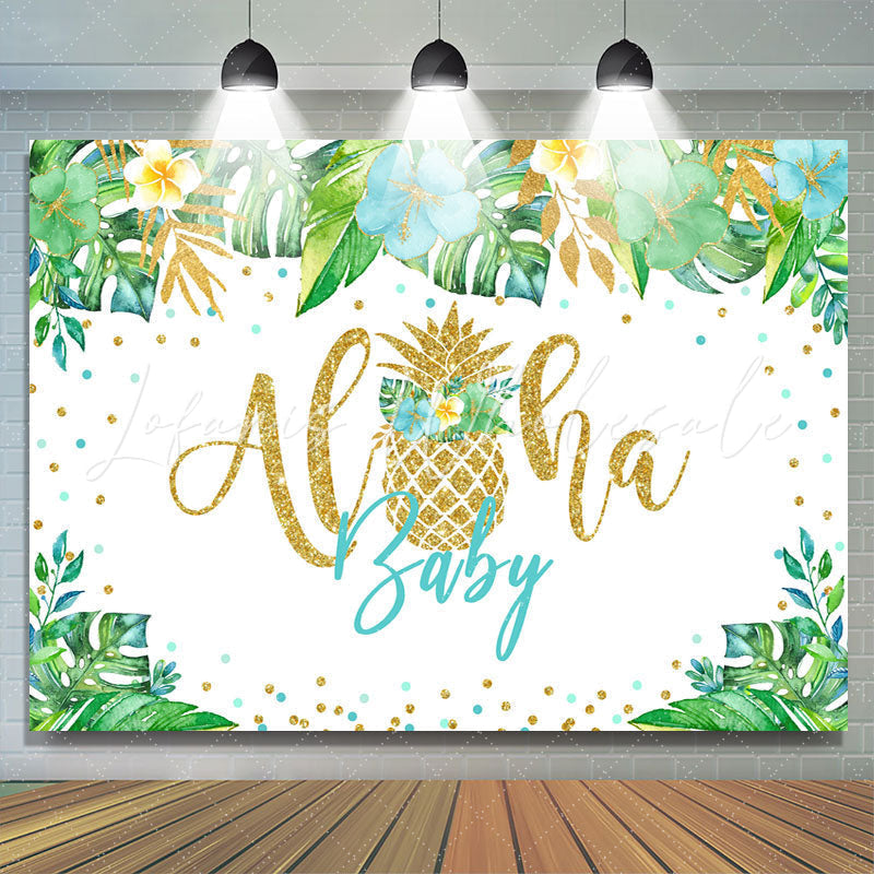 Lofaris Green Tropical Plant Golden Aloha Baby Shower Backdrop